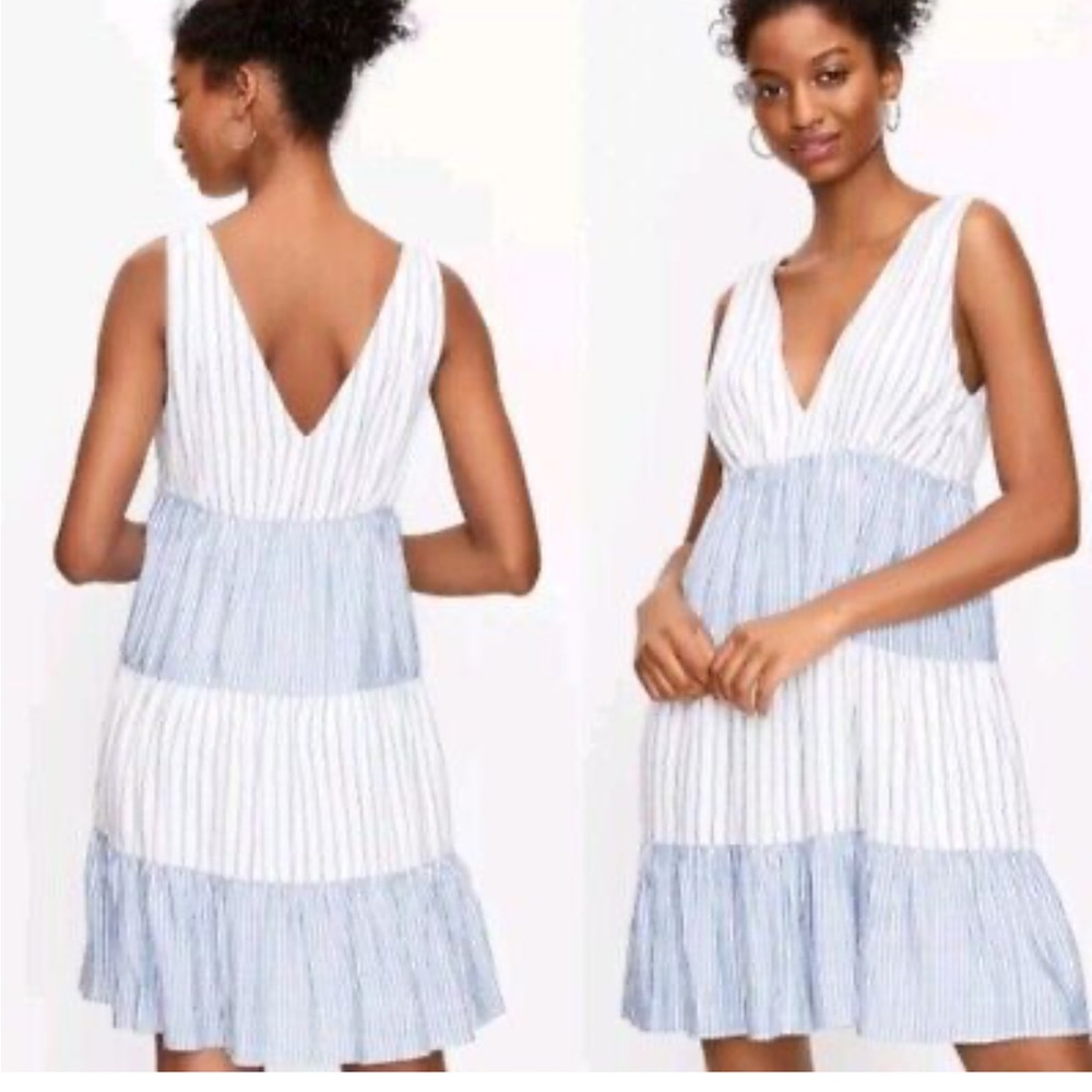 LOFT Striped Tiered Double V Swing Mini Dress Blue White Flowy Lined Size Small